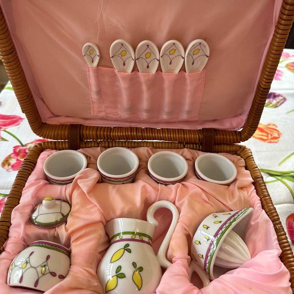 Vintage Children’s Porcelain Lemonade Set with Wicker Carrying Case Lemon Motif